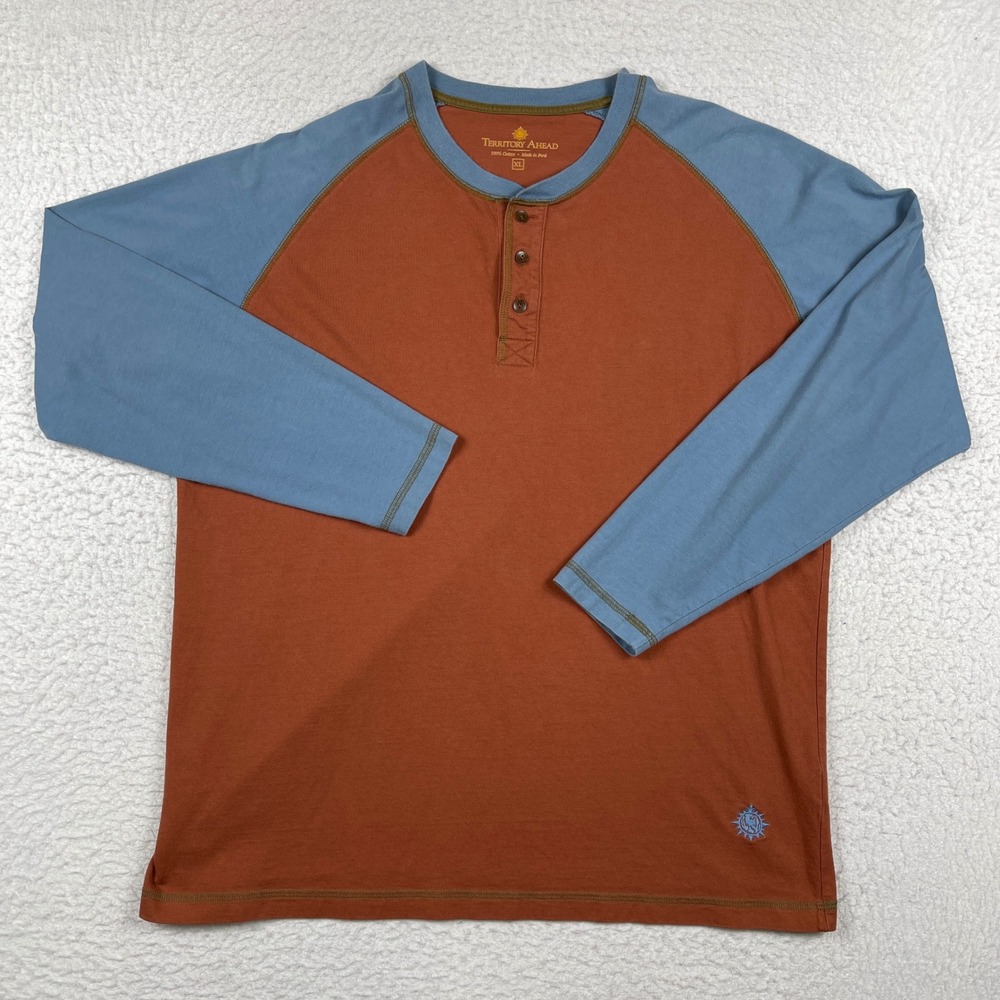 Territory Ahead Henley Shirt Men XL Orange Blue Raglan Long Sleeve Cotton Casual